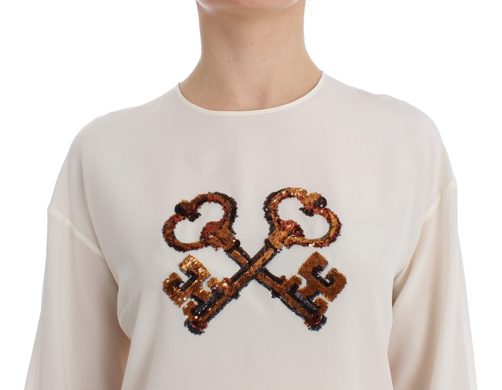 Dolce &amp; Gabbana Weißes T-Shirt-Oberteil mit Key-Seidenbluse und Pailletten