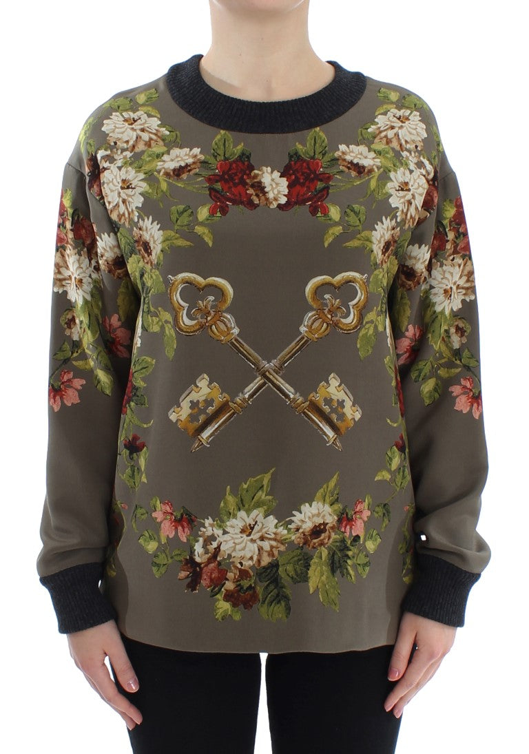 Dolce &amp; Gabbana Green Key Floral Print Silk Sweater