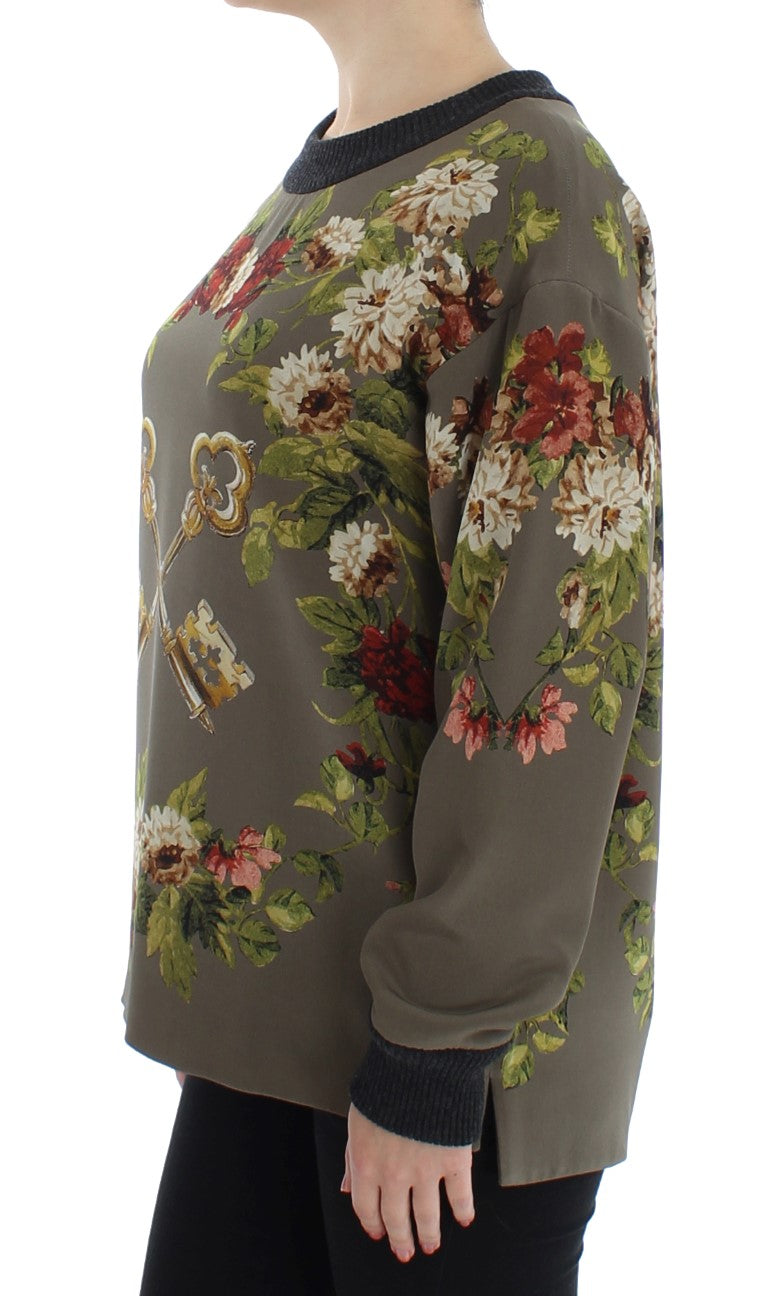 Dolce &amp; Gabbana Green Key Floral Print Silk Sweater