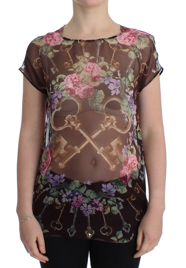 Dolce &amp; Gabbana Black Key Floral Print Silk Blouse T-shirt