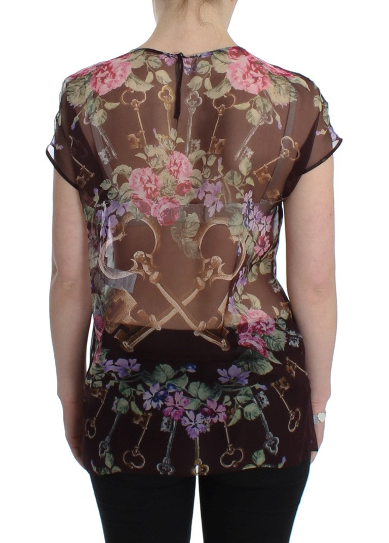 Dolce &amp; Gabbana Black Key Floral Print Silk Blouse T-shirt