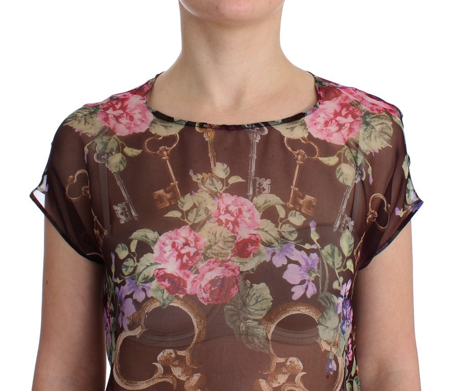 Dolce &amp; Gabbana Schwarzes Seidenblusen-T-Shirt mit Blumenmuster