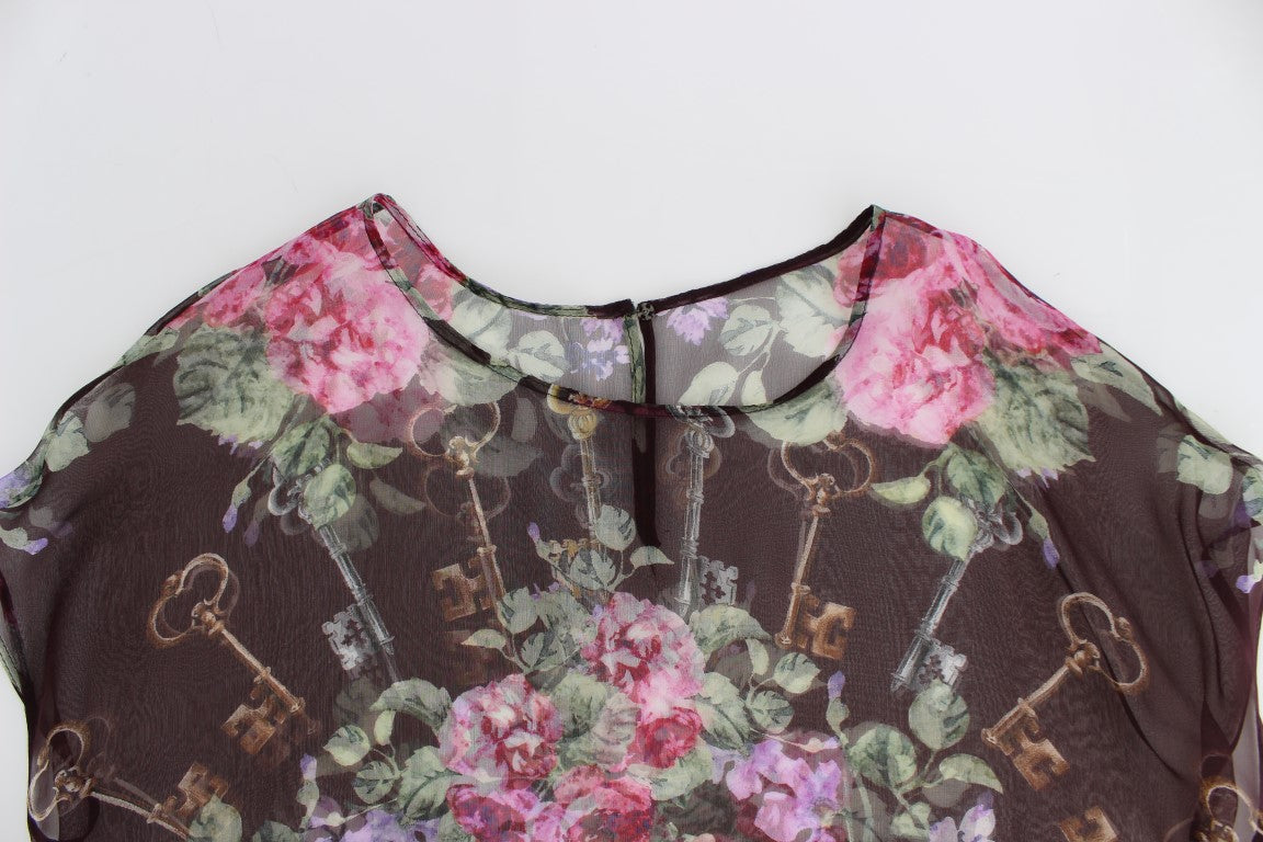 Dolce &amp; Gabbana Schwarzes Seidenblusen-T-Shirt mit Blumenmuster