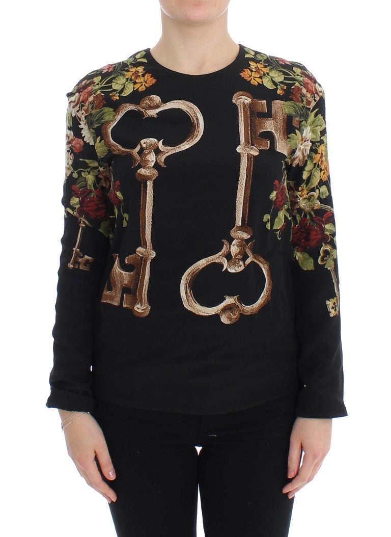 Dolce &amp; Gabbana Black Key Floral Print Silk Blouse Top