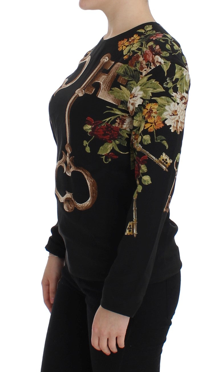 Dolce &amp; Gabbana Black Key Floral Print Silk Blouse Top