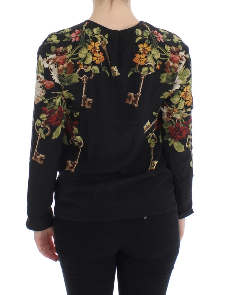 Dolce &amp; Gabbana Black Key Floral Print Silk Blouse Top