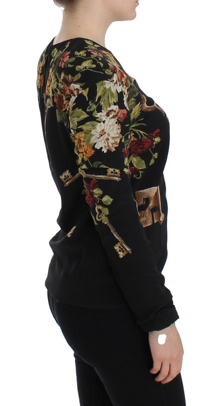 Dolce &amp; Gabbana Black Key Floral Print Silk Blouse Top