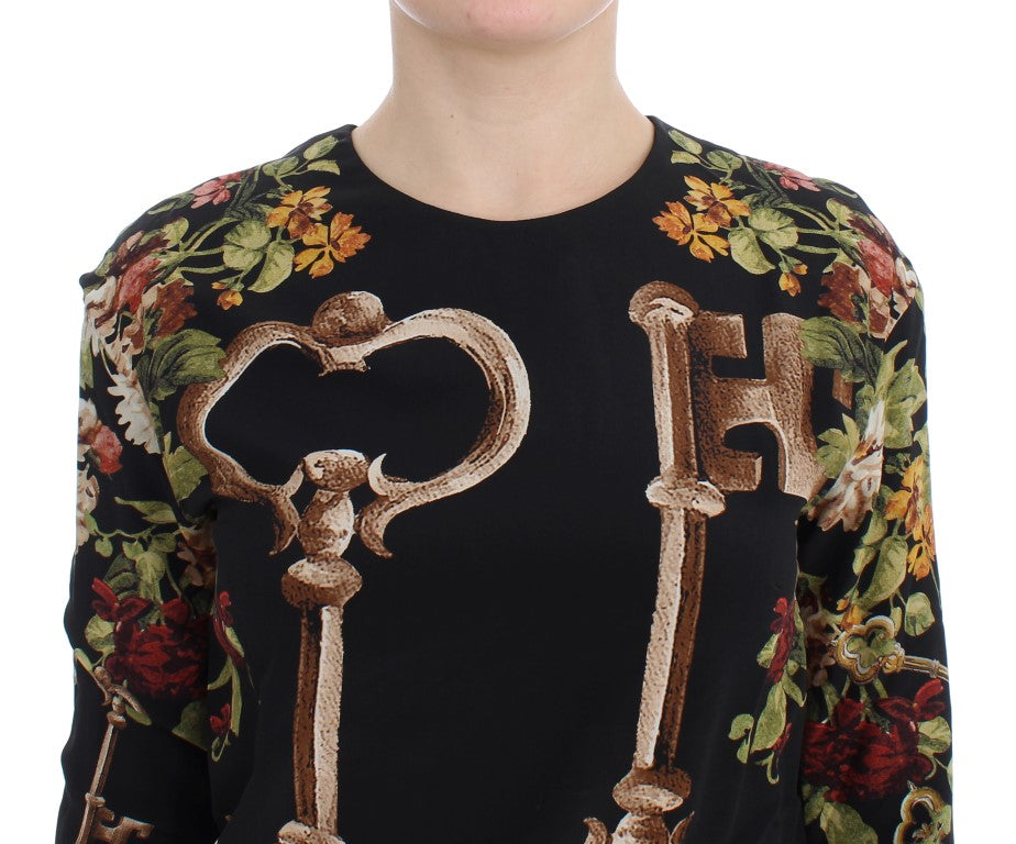 Dolce &amp; Gabbana Black Key Floral Print Silk Blouse Top