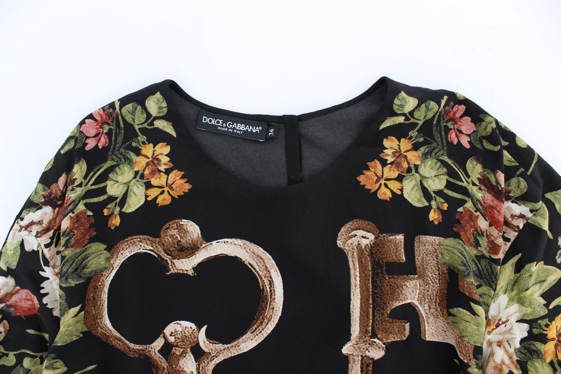 Dolce &amp; Gabbana Black Key Floral Print Silk Blouse Top