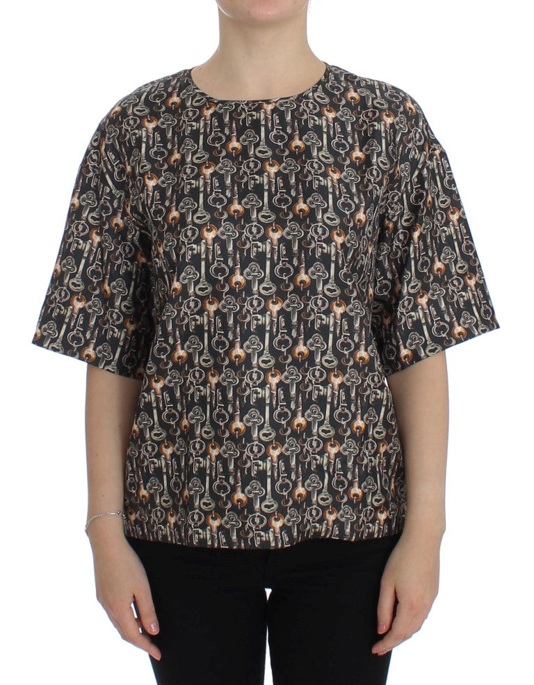 Dolce &amp; Gabbana Grey Gold Key Print Silk Blouse T-shirt