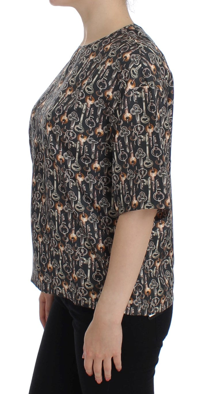 Dolce &amp; Gabbana Grey Gold Key Print Silk Blouse T-shirt