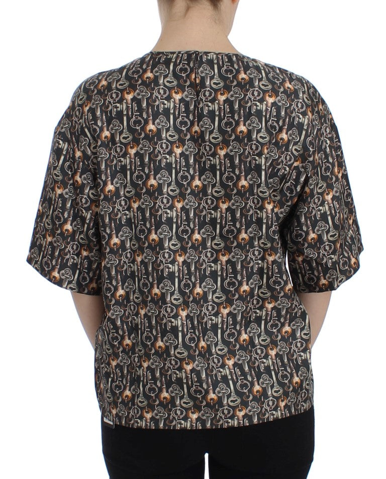 Dolce &amp; Gabbana Grey Gold Key Print Silk Blouse T-shirt