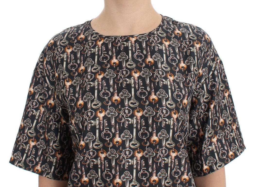 Dolce &amp; Gabbana Grey Gold Key Print Silk Blouse T-shirt