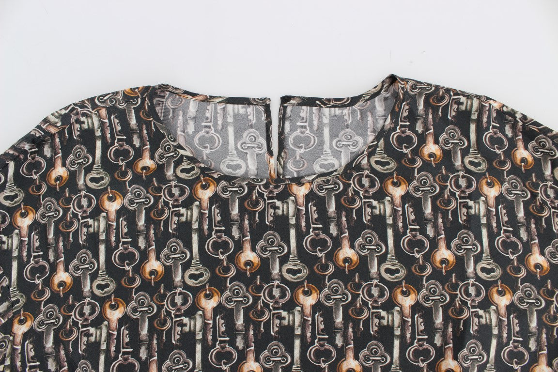 Dolce &amp; Gabbana Grey Gold Key Print Silk Blouse T-shirt