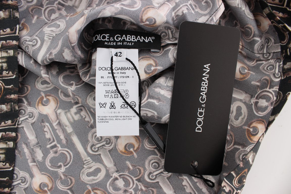 Dolce &amp; Gabbana Grey Gold Key Print Silk Blouse T-shirt