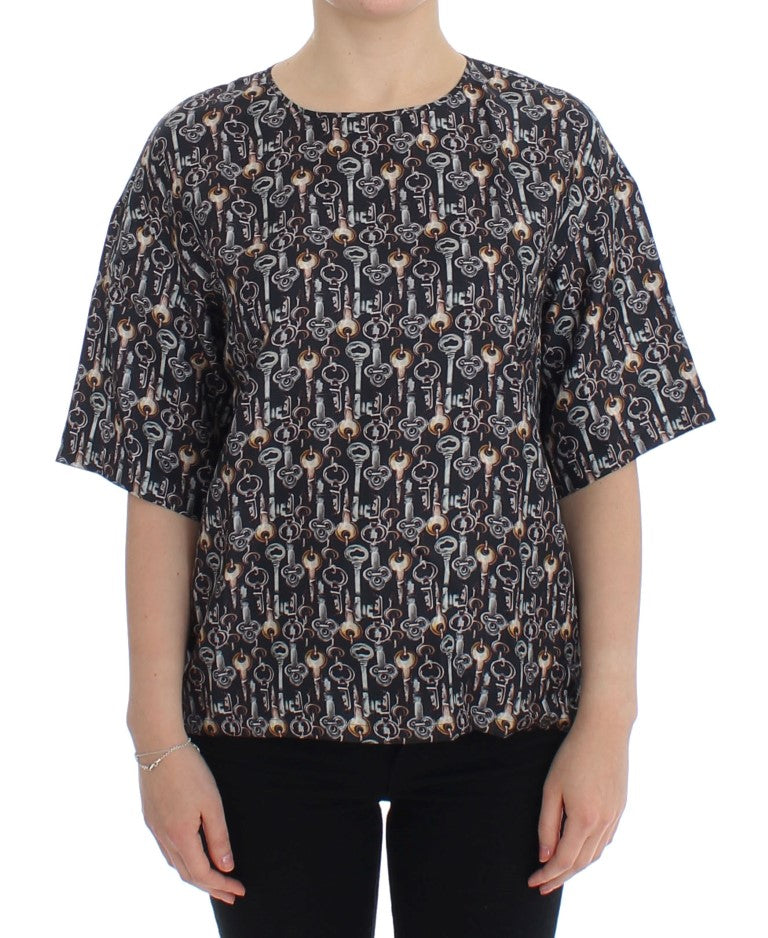 Dolce &amp; Gabbana Grey Gold Key Print Silk Blouse T-shirt