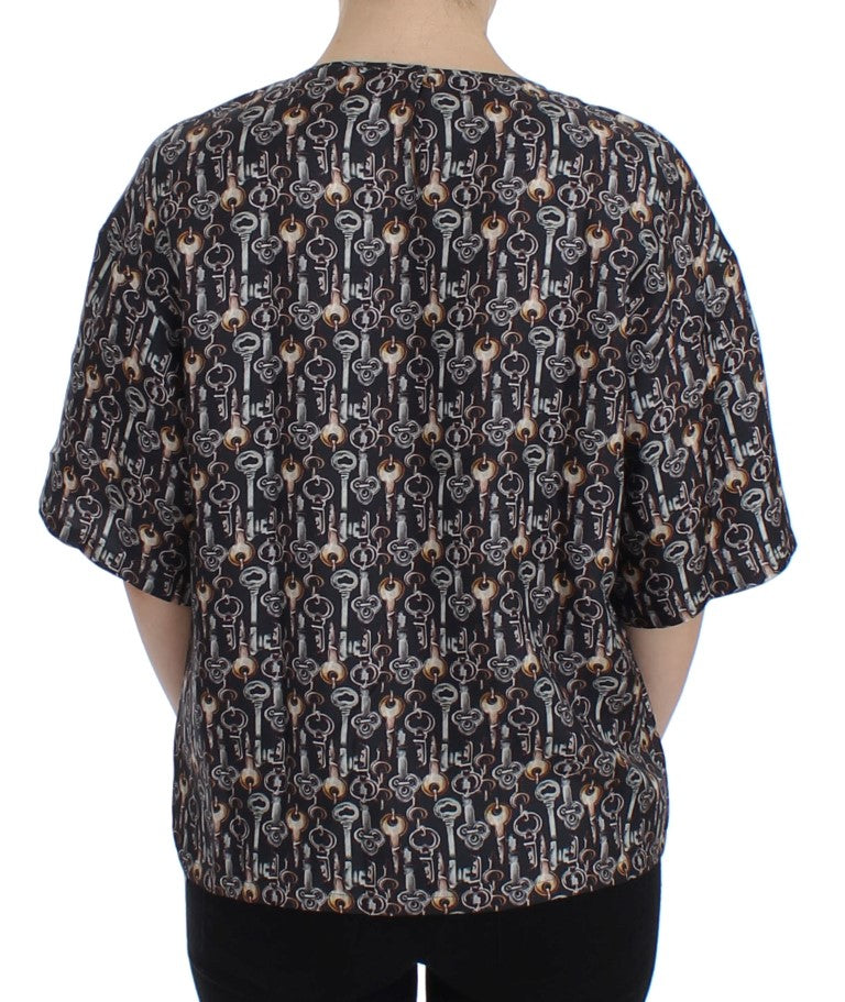 Dolce &amp; Gabbana Grey Gold Key Print Silk Blouse T-shirt