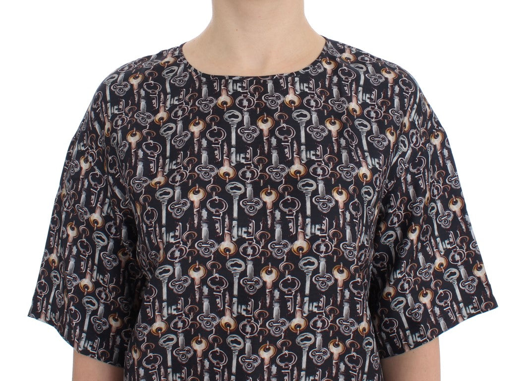 Dolce &amp; Gabbana Grey Gold Key Print Silk Blouse T-shirt