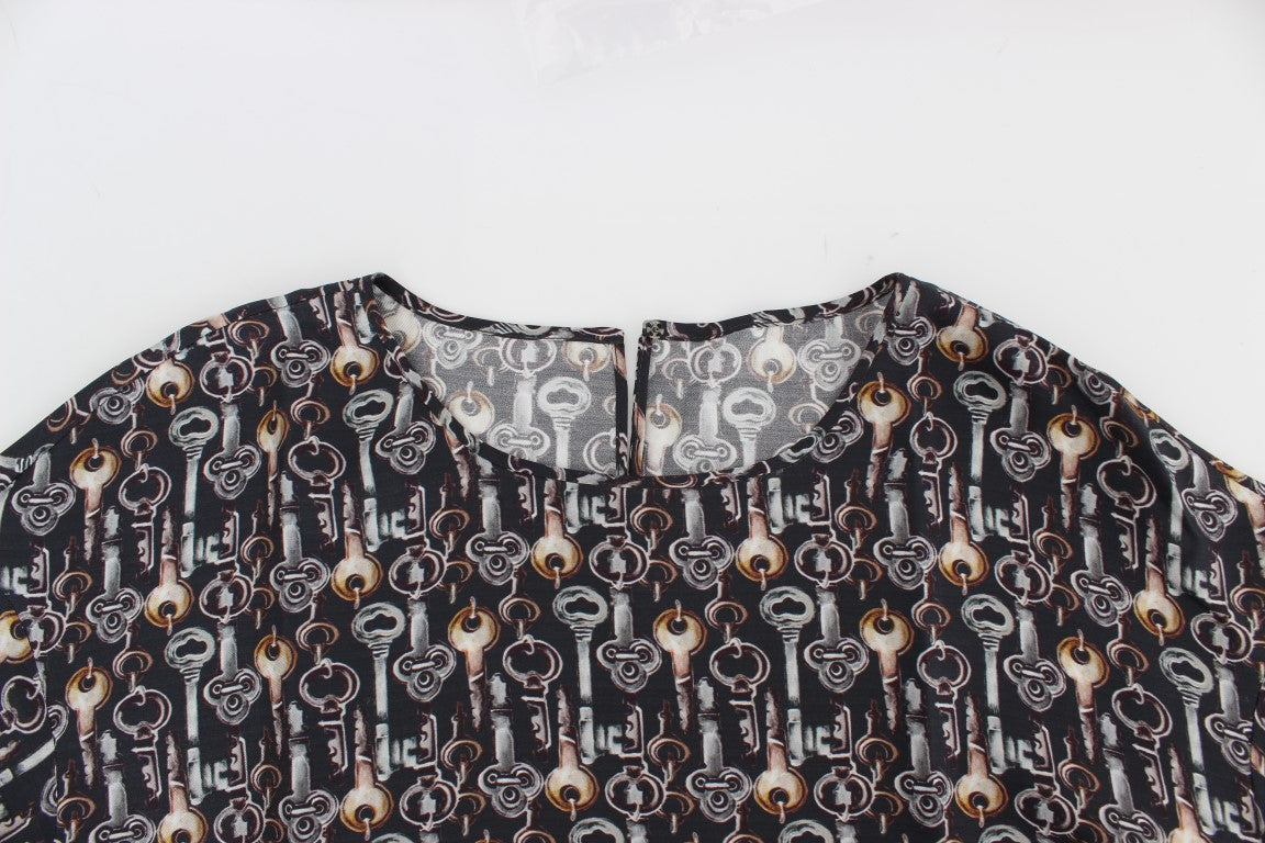 Dolce &amp; Gabbana Grey Gold Key Print Silk Blouse T-shirt