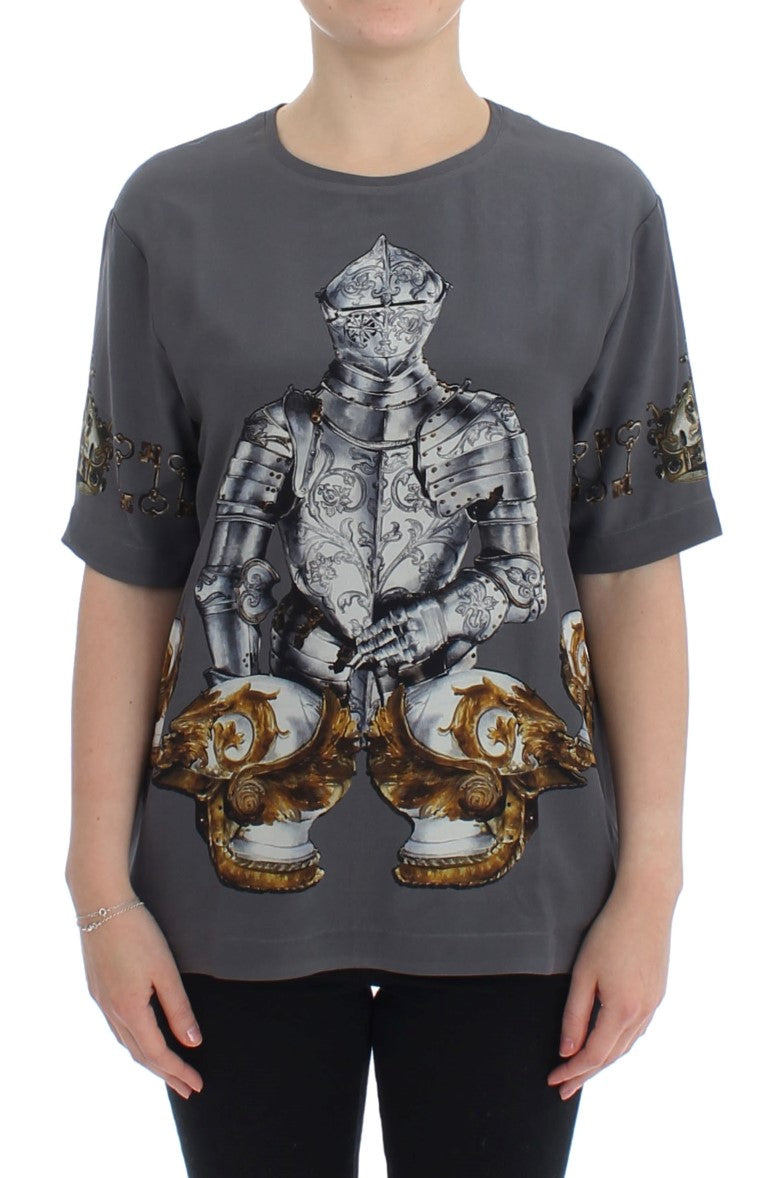 Dolce &amp; Gabbana Grey Knight Crown Print Silk Blouse Top