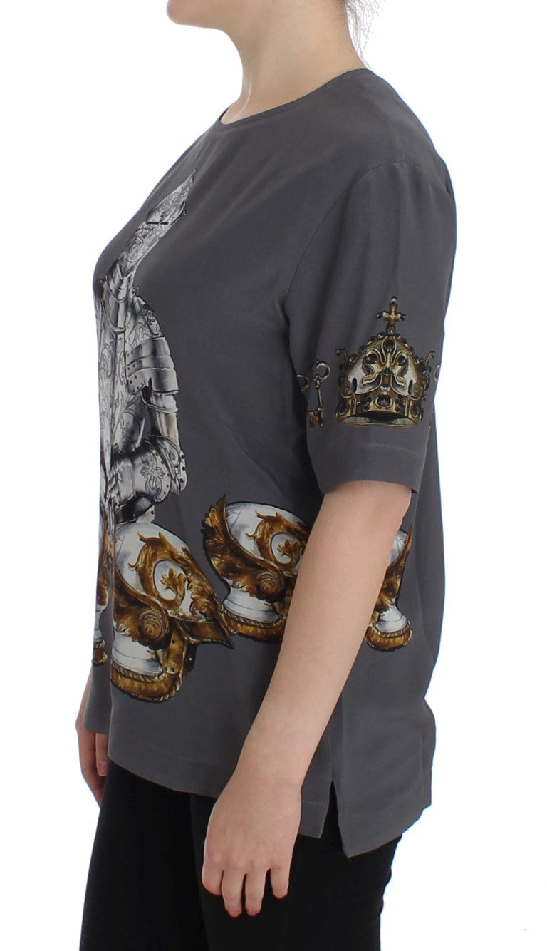 Dolce &amp; Gabbana Grey Knight Crown Print Silk Blouse Top