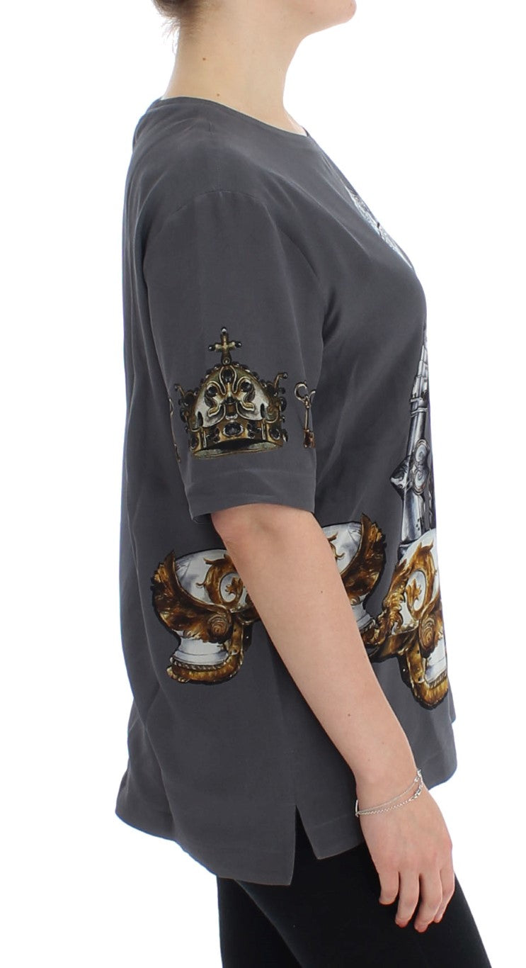 Dolce &amp; Gabbana Grey Knight Crown Print Seidenblusenoberteil