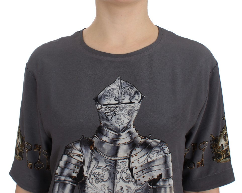 Dolce &amp; Gabbana Grey Knight Crown Print Silk Blouse Top