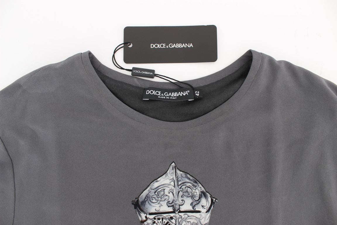 Dolce &amp; Gabbana Grey Knight Crown Print Seidenblusenoberteil