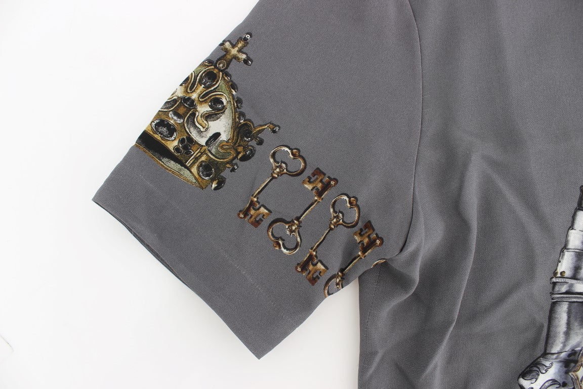 Dolce &amp; Gabbana Grey Knight Crown Print Silk Blouse Top