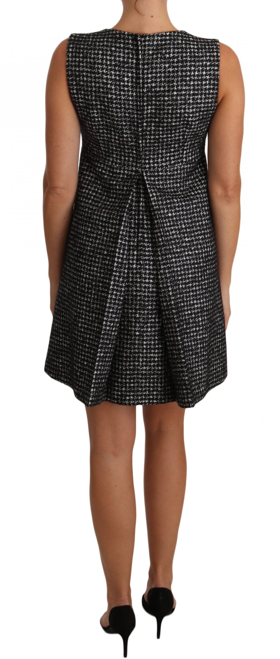 Dolce &amp; Gabbana Grey Houndstooth Floral Appliqué Shift Mini Dress