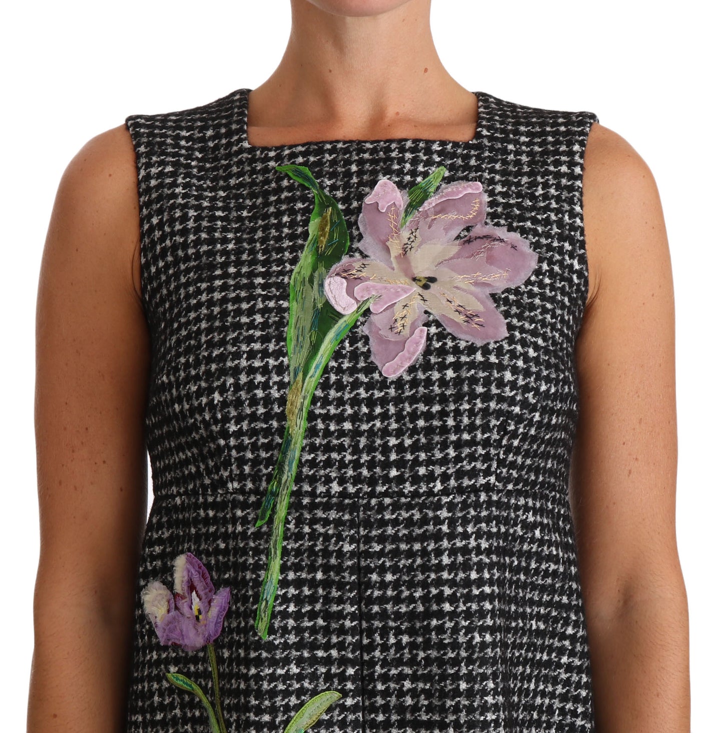 Dolce &amp; Gabbana Grey Houndstooth Floral Appliqué Shift Mini Dress