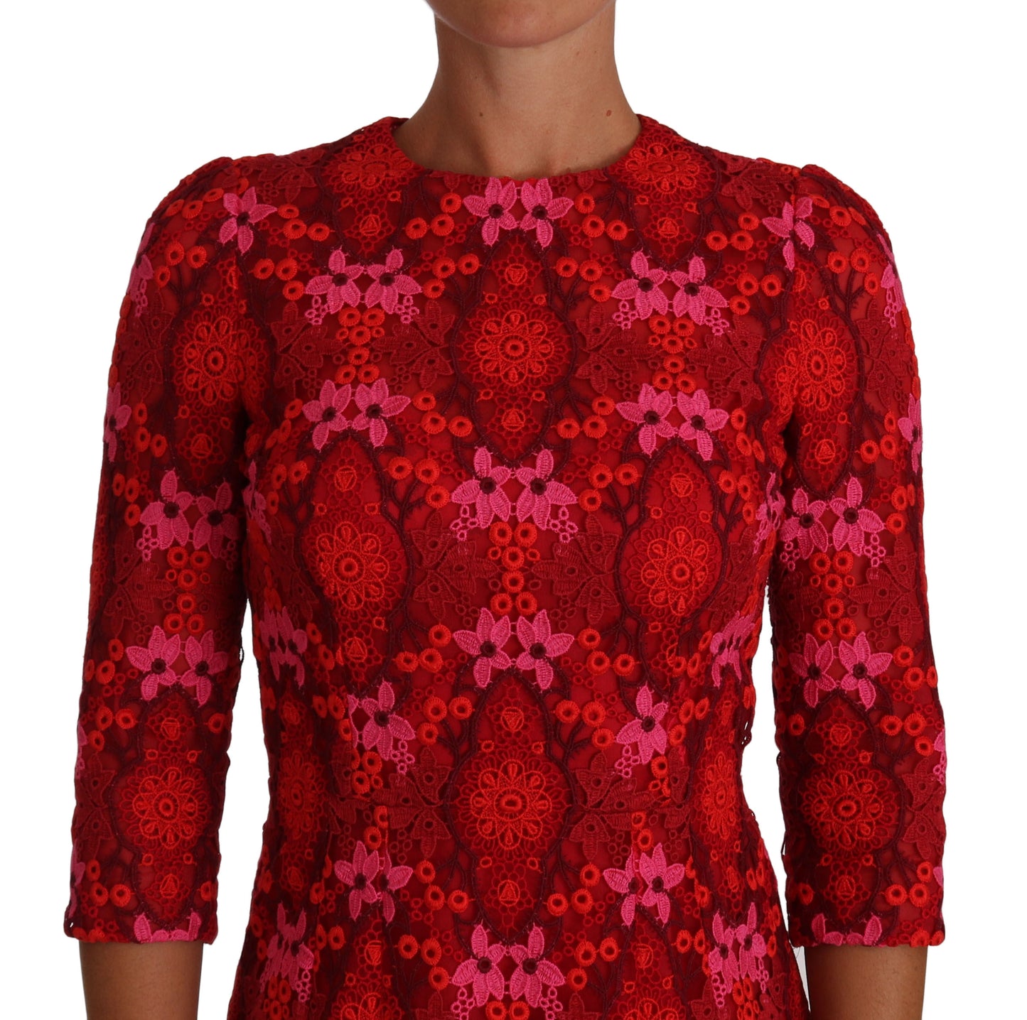 Dolce &amp; Gabbana Floral Crochet Lace Red Pink Sheath Dress