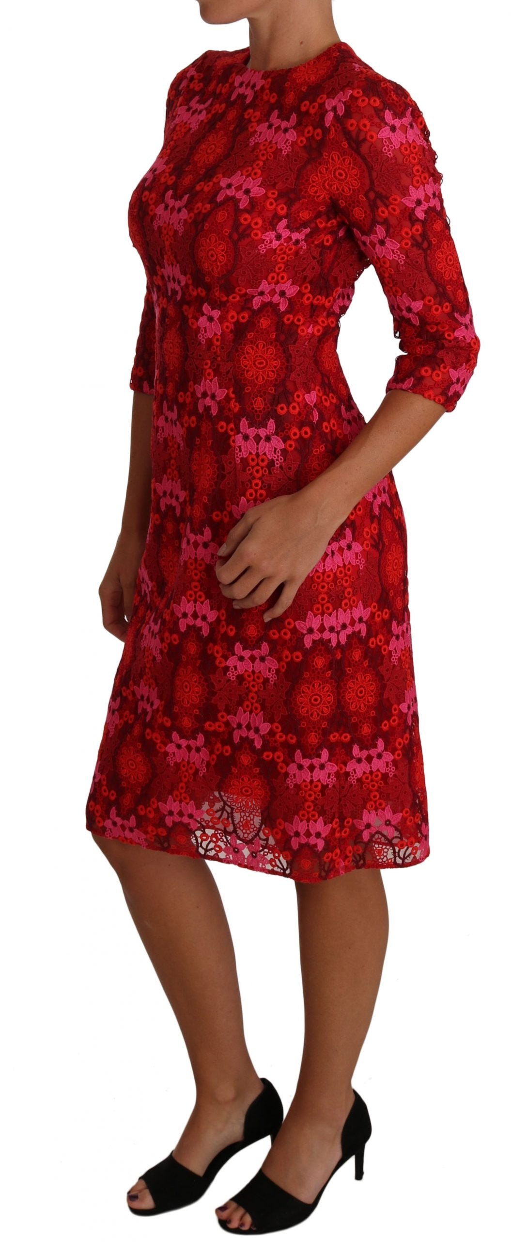 Dolce &amp; Gabbana Floral Crochet Lace Red Pink Sheath Dress