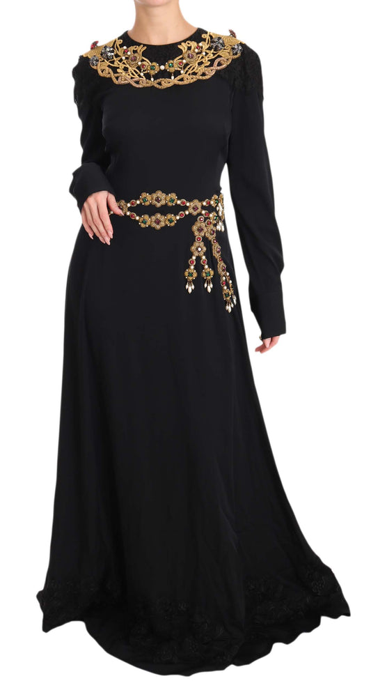 Dolce &amp; Gabbana Black Silk Stretch Gold Crystal Dress