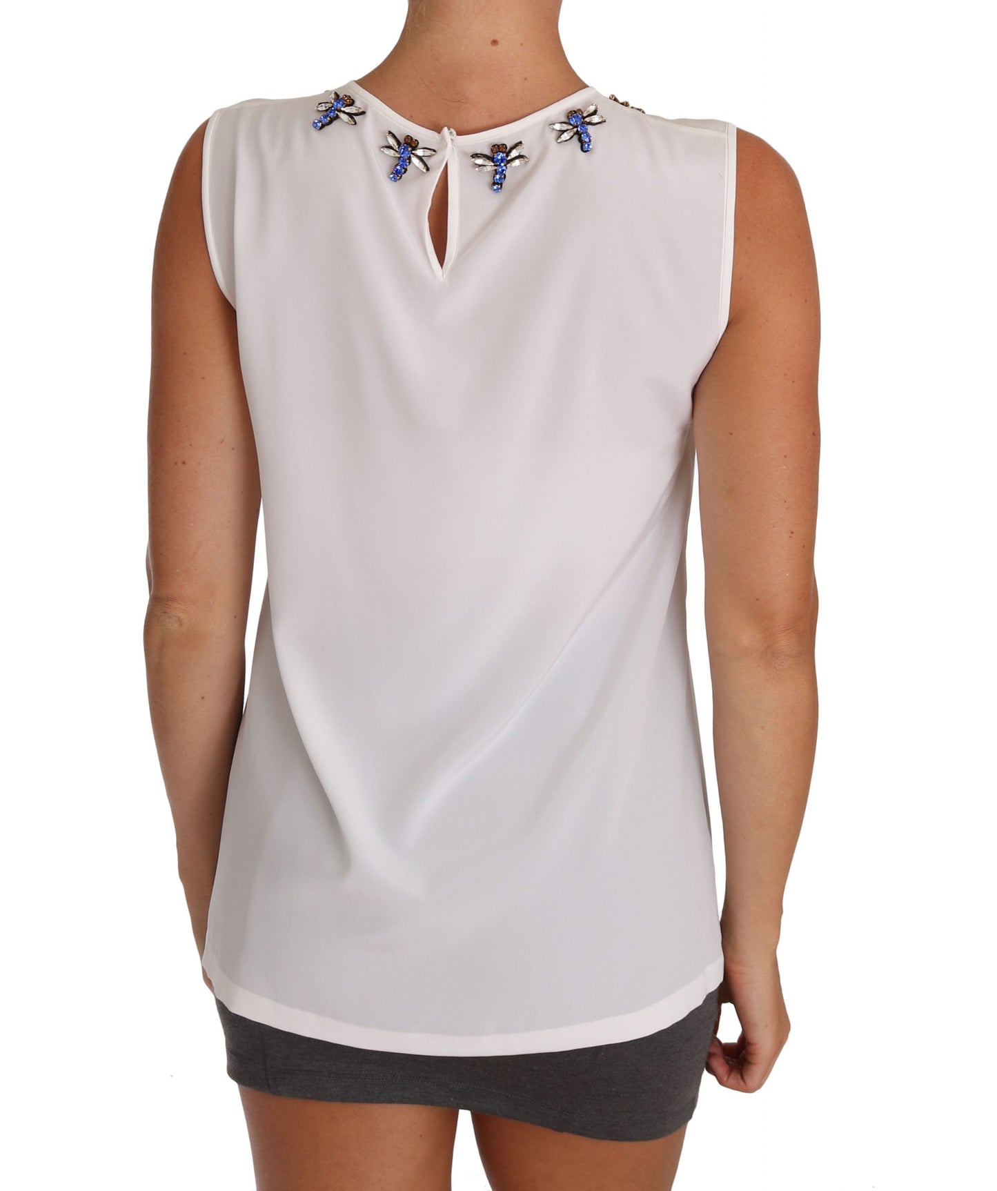 Dolce &amp; Gabbana White Silk Crystal Embellished Fly T-shirt