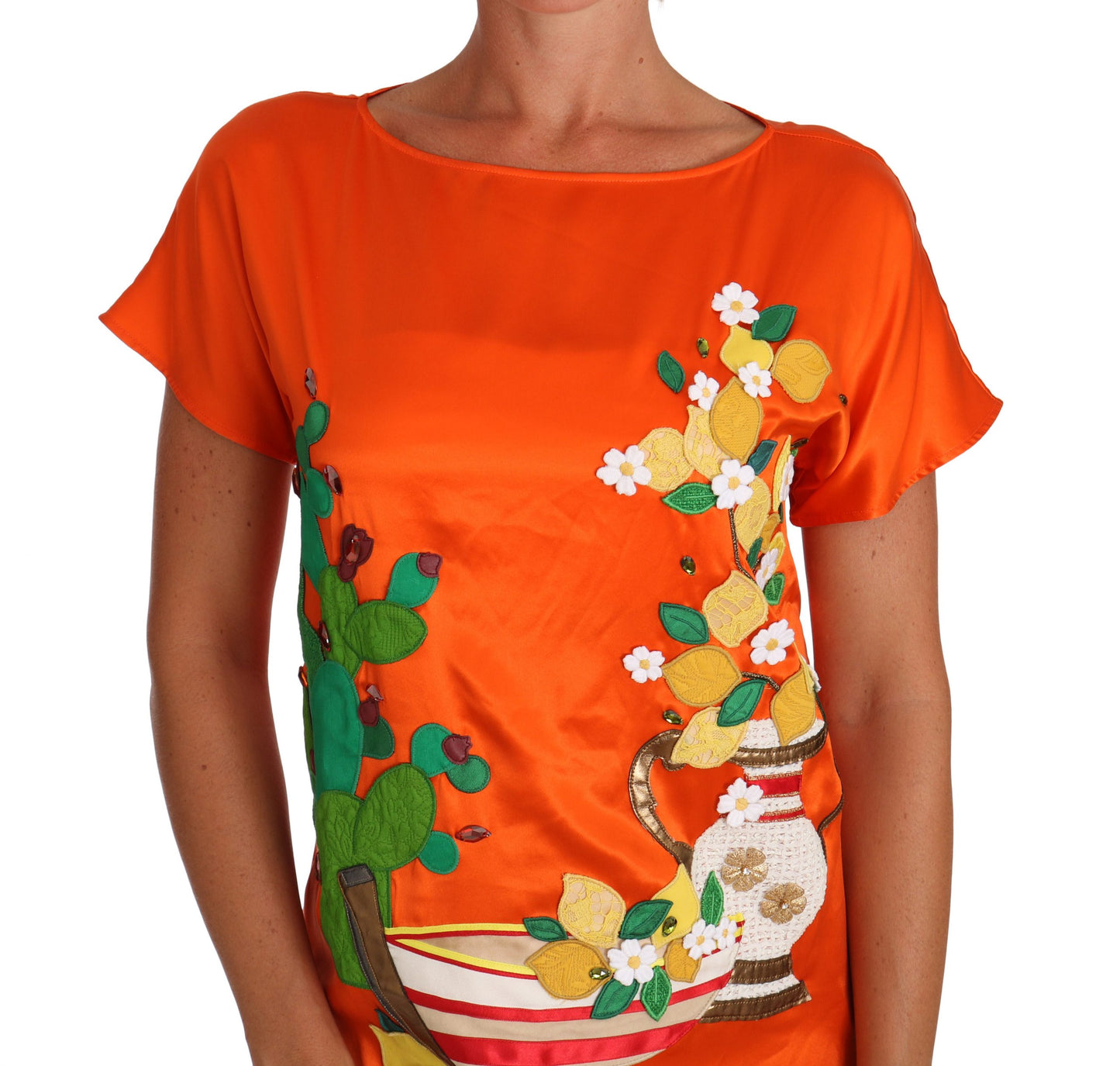 Dolce &amp; Gabbana T-Shirt-Oberteil aus Seide mit orangefarbenem Zitronenkristall