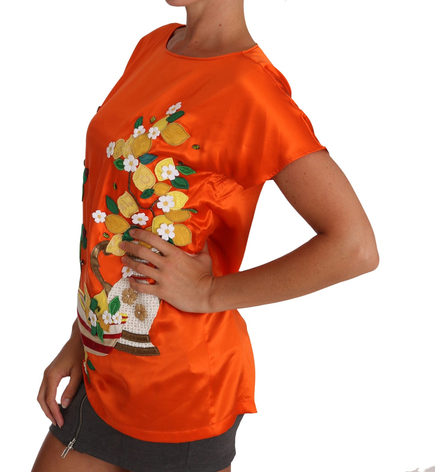 Dolce &amp; Gabbana T-Shirt-Oberteil aus Seide mit orangefarbenem Zitronenkristall