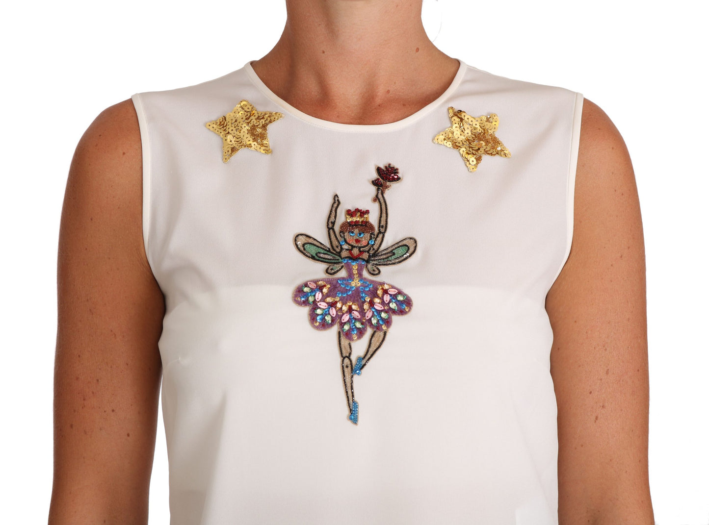 Dolce &amp; Gabbana White Silk Embellished Crystal Sequin Fairy Top