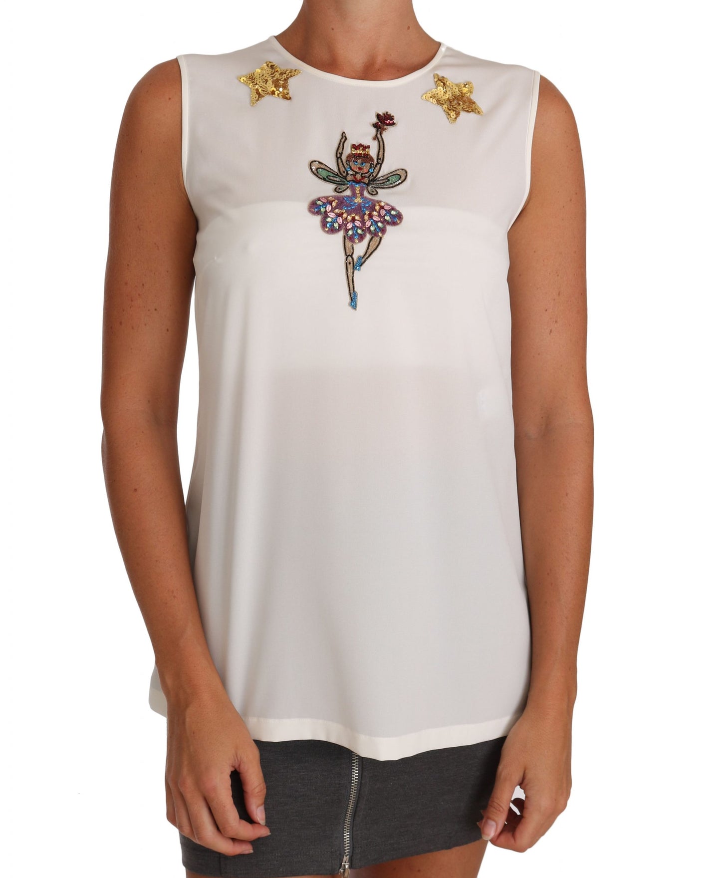 Dolce &amp; Gabbana White Silk Embellished Crystal Sequin Fairy Top