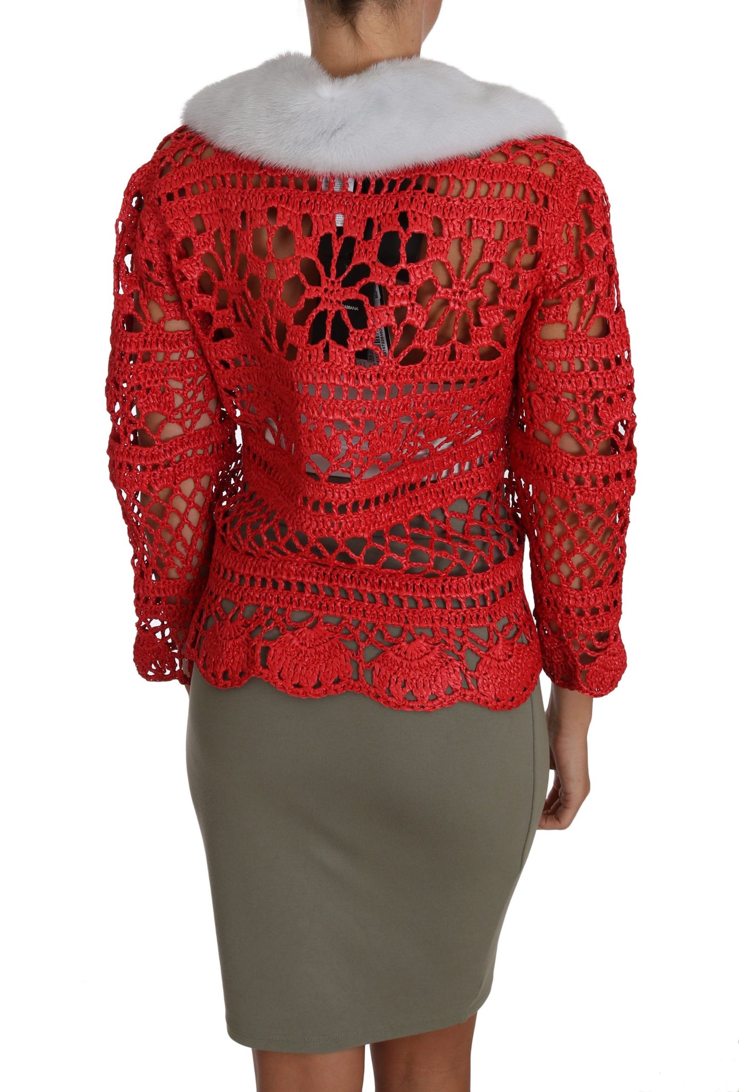 Dolce &amp; Gabbana Red Cardigan Crochet Knit Raffia Sweater