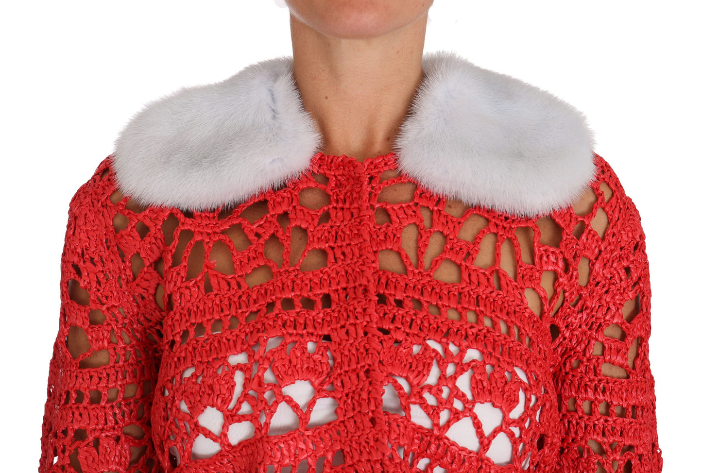 Dolce &amp; Gabbana Red Cardigan Crochet Knit Raffia Sweater