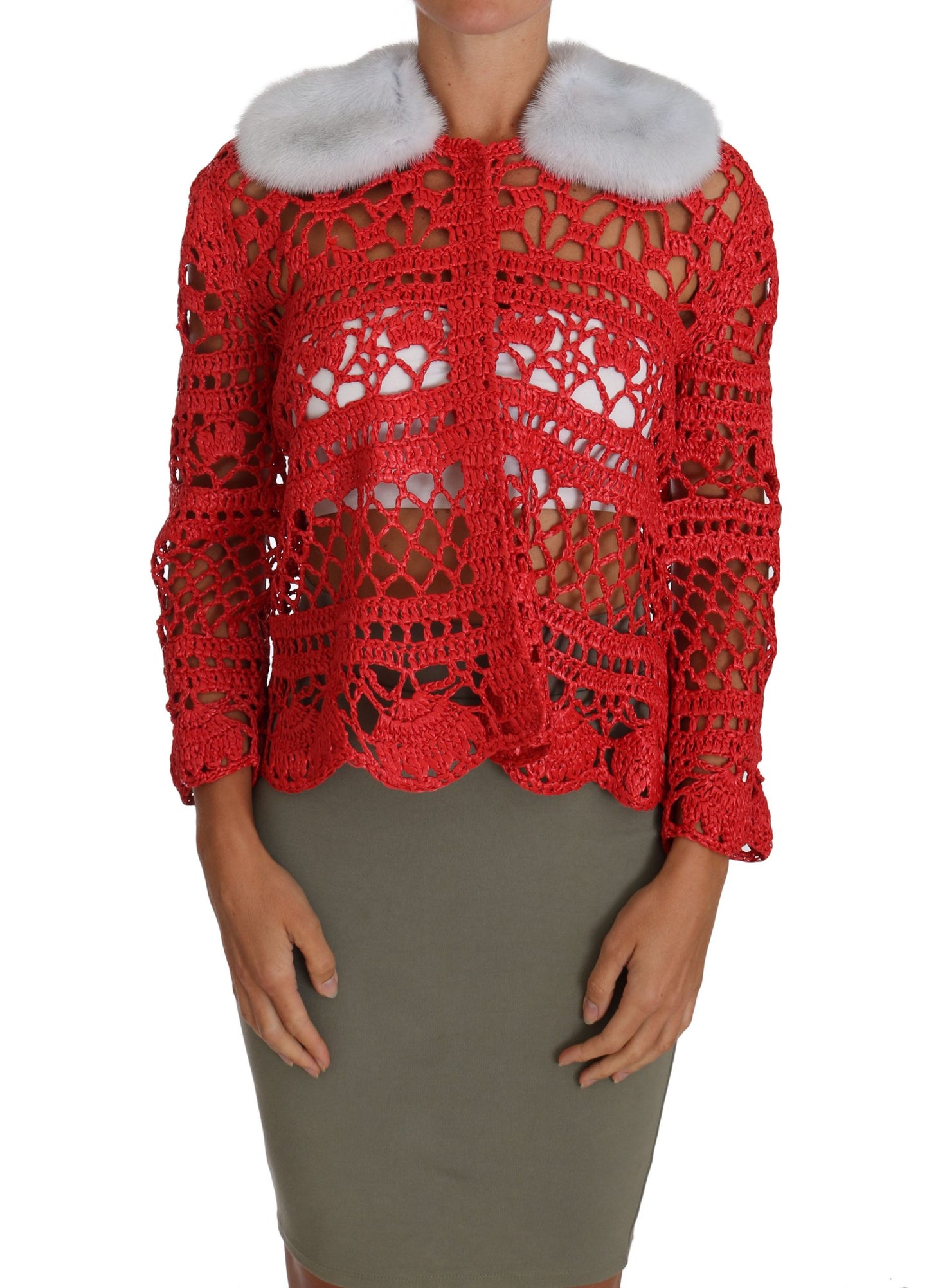 Dolce &amp; Gabbana Red Cardigan Crochet Knit Raffia Sweater