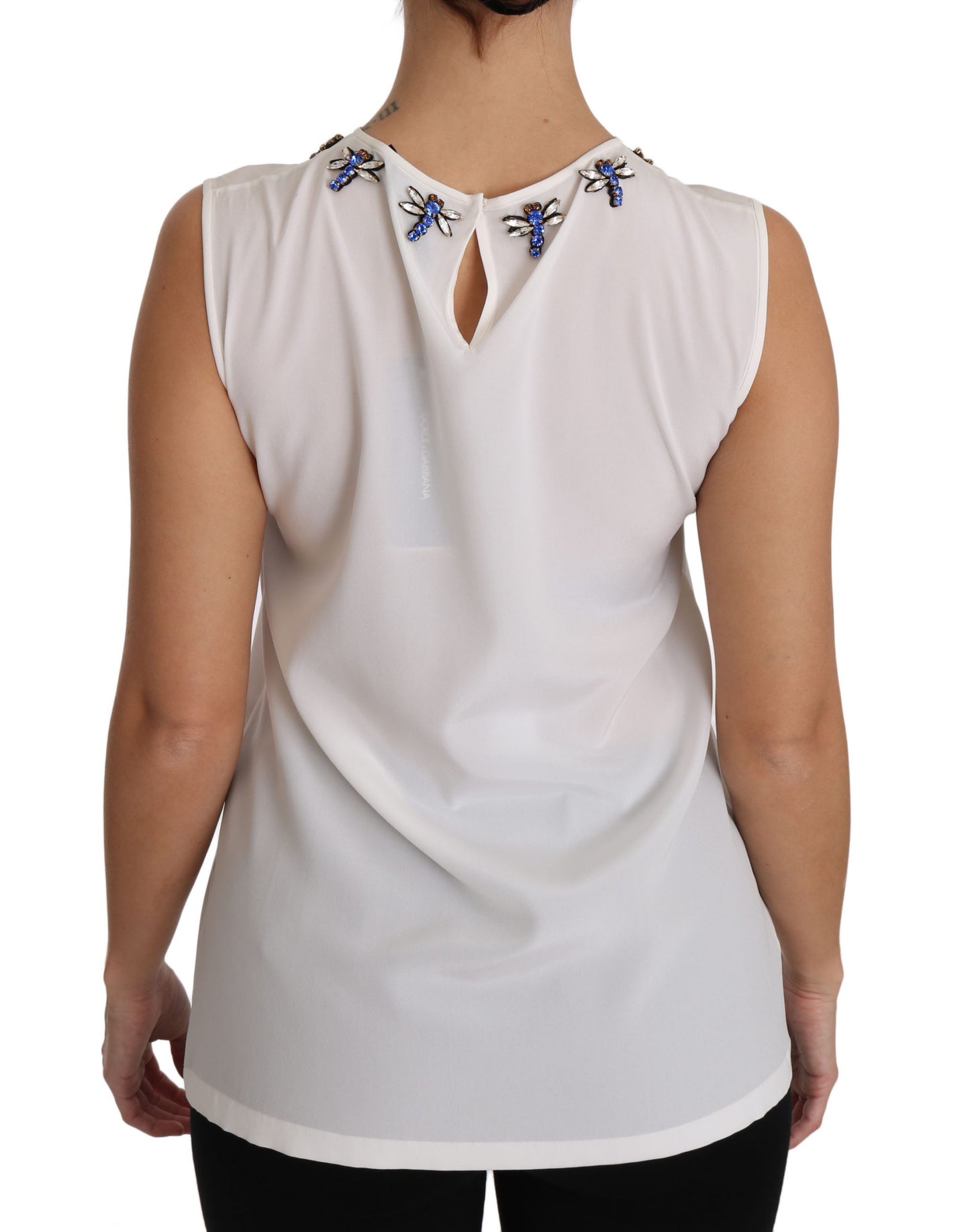 Dolce &amp; Gabbana White Silk Embellished Crystal Dragonfly Top