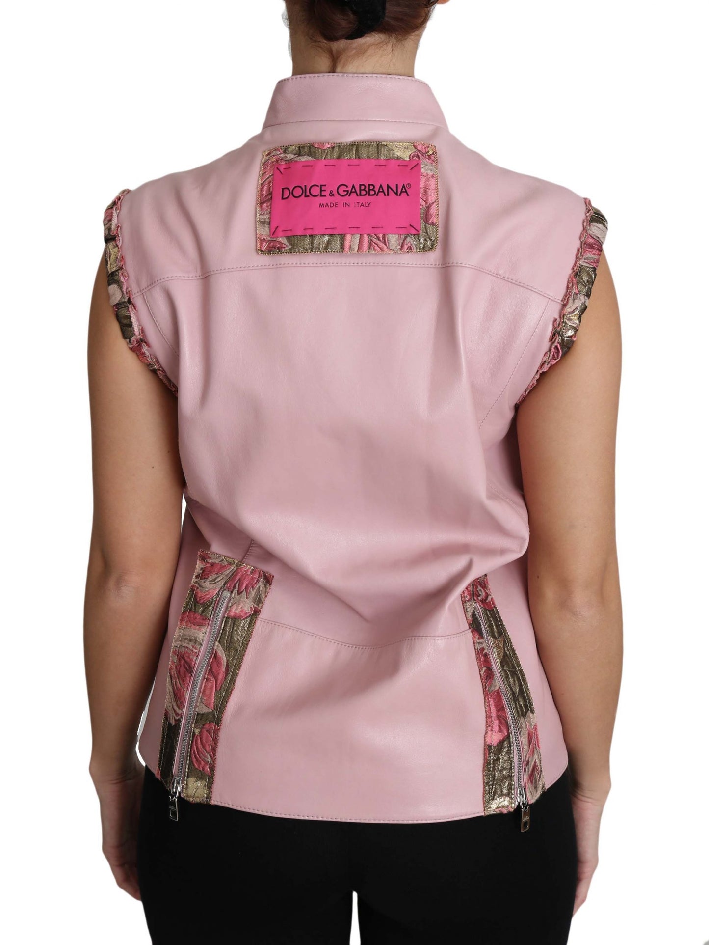 Dolce &amp; Gabbana Pink Zippered Lamb na walang manggas na Vest Leather Jacket