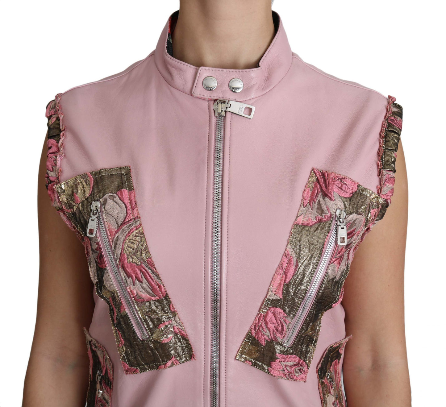 Dolce &amp; Gabbana Pink Zippered Lamb na walang manggas na Vest Leather Jacket