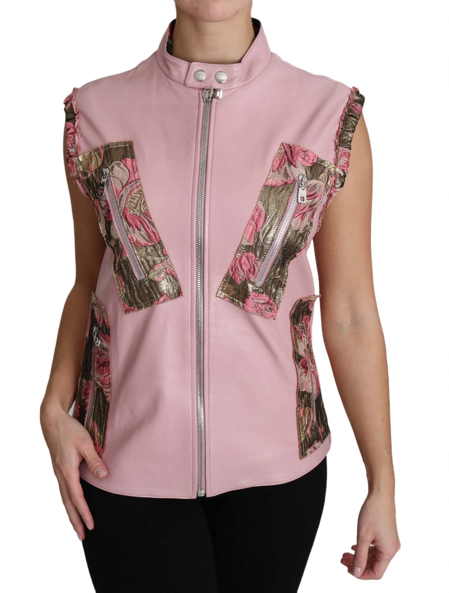 Dolce &amp; Gabbana Pink Zippered Lamb na walang manggas na Vest Leather Jacket