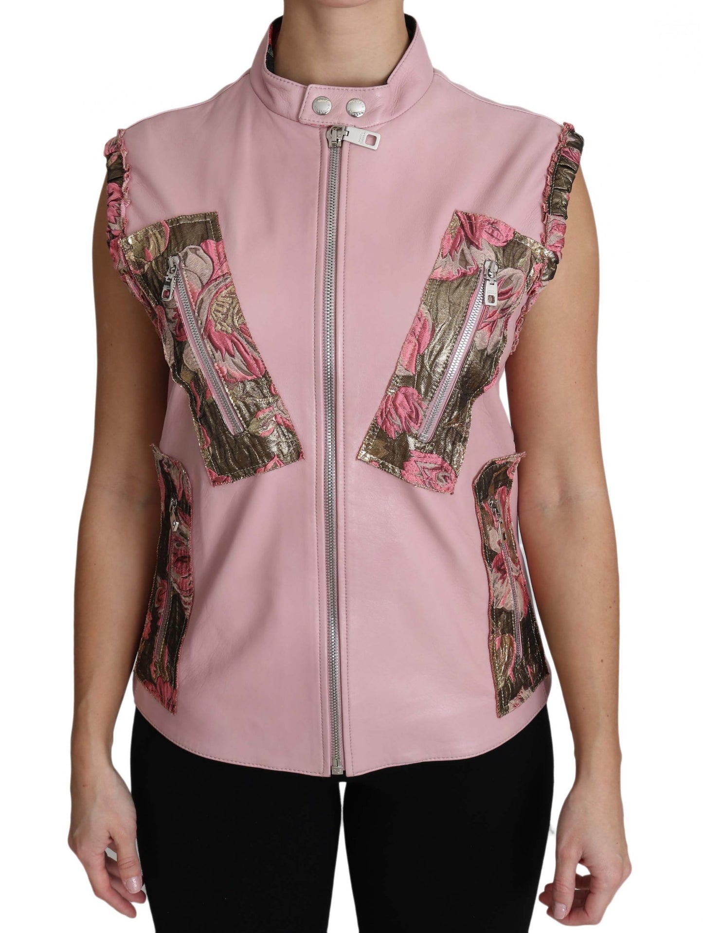 Dolce &amp; Gabbana Pink Zippered Lamb na walang manggas na Vest Leather Jacket