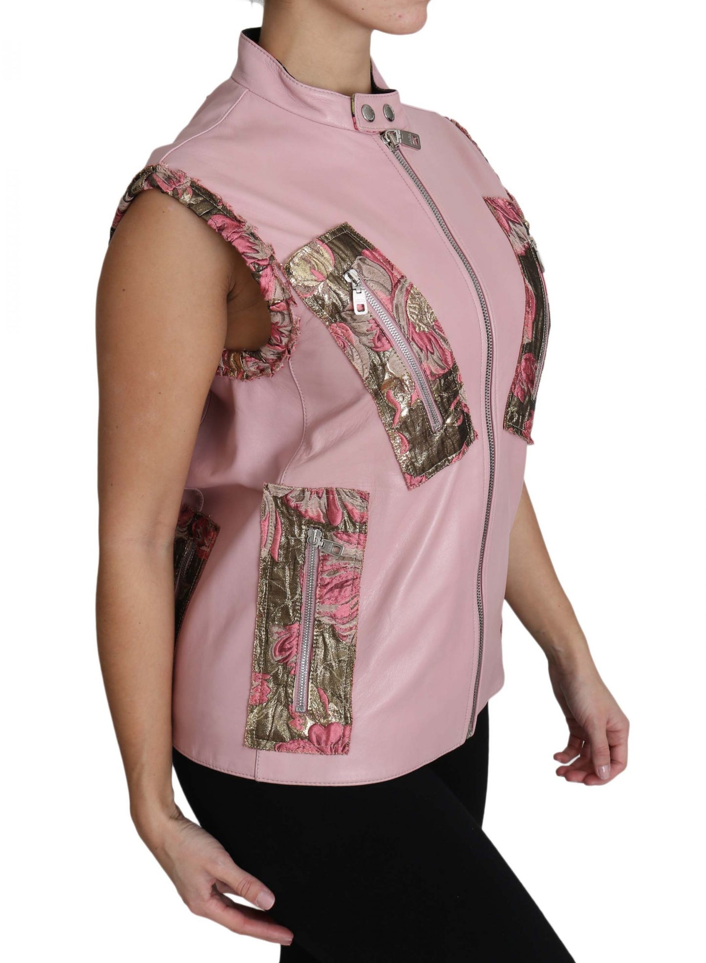 Dolce &amp; Gabbana Pink Zippered Lamb na walang manggas na Vest Leather Jacket