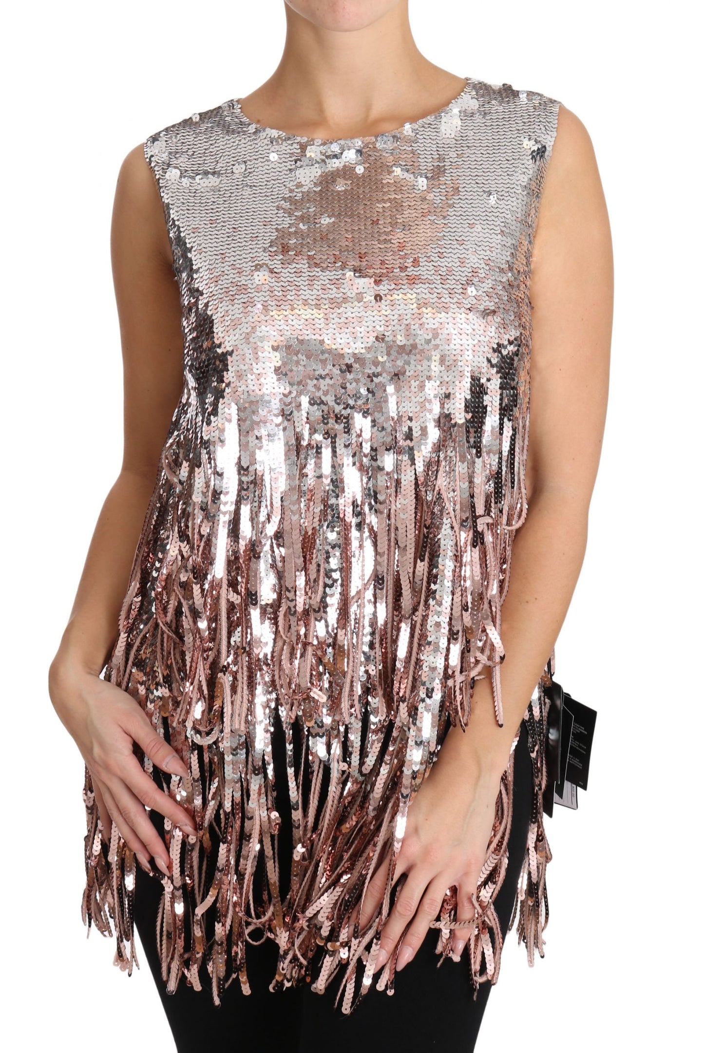 Dolce &amp; Gabbana Golden Pink Sequined Fringe Tank Top