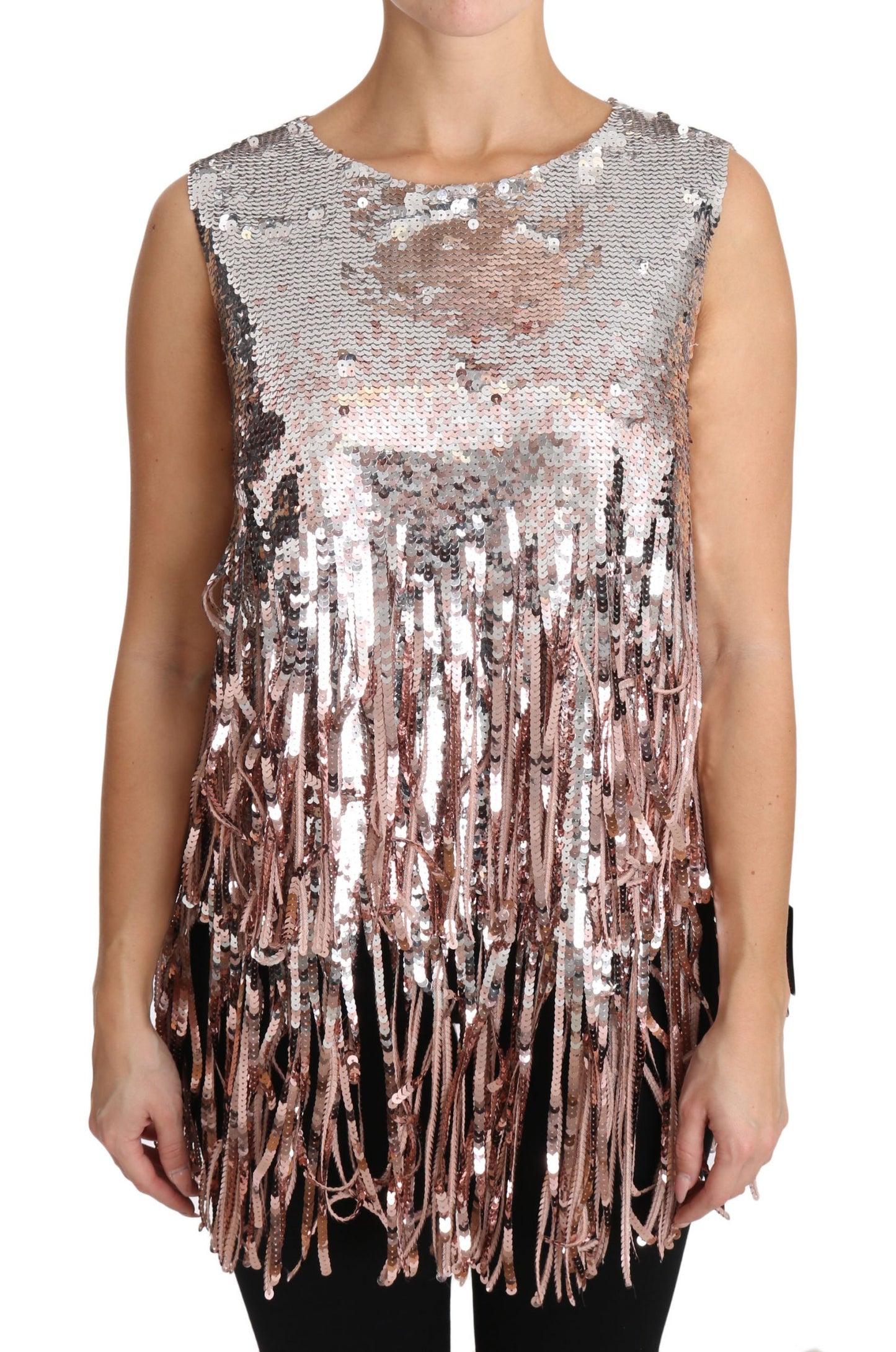 Dolce &amp; Gabbana Golden Pink Sequined Fringe Tank Top